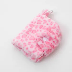 Fluffy pink leopard print pouch detail, cute soft coin purse and card wallet close-up view.