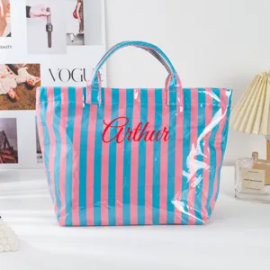 Gestreifter PVC Shopper pink blau Colorblock Handtasche mit Wunschname grosse Tasche