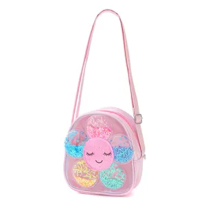 Pink cute flower crossbody bag for girls with glitter sequins detail and adjustable strap.