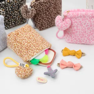 Fluffy leopard print cosmetic bag cute plush makeup pouch portable storage bag for women girls