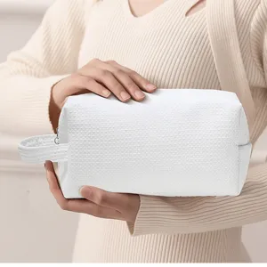 White waffle cosmetic bag toiletry pouch portable travel makeup organizer for women daily use