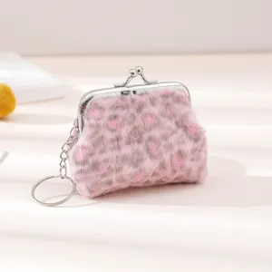 Pink leopard plush coin purse with kiss-lock clasp and keychain, compact headphone storage pouch.