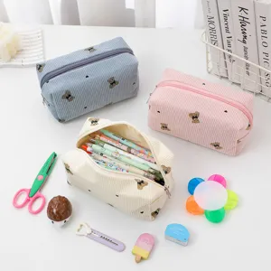 Corduroy makeup bag cute bear bow portable large capacity cosmetic pouch organizer