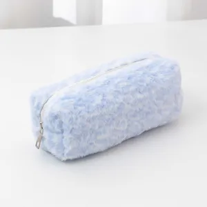 Blue plush leopard print pencil case cosmetic makeup storage bag portable travel toiletry pouch