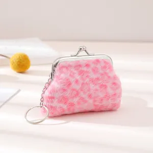 Pink leopard plush coin purse detail, cute mini wallet with kiss lock and keychain.