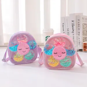 Kids Cute Transparent PVC Crossbody Bag Glitter Sequins Sunflower Princess Shoulder Bag Girls Daily Casual Handbag