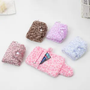 Fluffy leopard print wallet and card bag set, cute plush design with snap closure for kids girls.