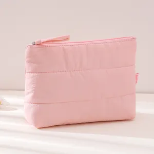 Pink quilted cloud makeup bag for women, soft travel waterproof toiletry storage pouch.