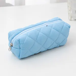 Light blue quilted pencil case cosmetic pouch cute portable zipper storage bag for women minimalist