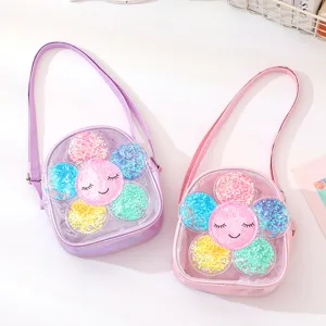 Cute glitter flower girls crossbody bag, shiny sequin children shoulder bag for kids.