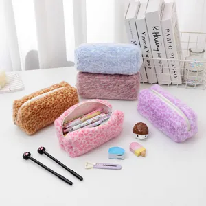 Cute plush leopard print pencil case, soft cosmetic storage bag and portable travel organizer.