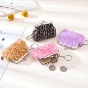 Mini plush kiss-lock coin purse cute furry wallet keyring zipper pouch storage bag