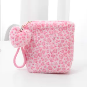 Pink fluffy leopard print cosmetic bag with heart charm, cute portable makeup pouch.