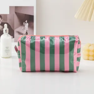 Waterproof PVC Striped Cosmetic Bag Portable Travel Toiletry Zipper Makeup Organizer Pouch