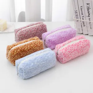 Plush Leopard Print Pencil Case Cosmetic Storage Bag Portable Travel Toiletry Bag Soft Fluffy Makeup Organizer Bag