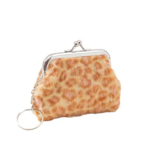 Cute plush leopard print coin purse with metal kiss lock clasp and keychain ring for daily use.
