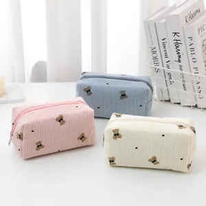 Corduroy Cosmetic Bag Cute Bear Bow Embroidery Portable Large Capacity Travel Makeup Pouch Toiletry Organizer Bag