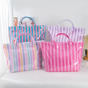 Modische PVC gestreifte Tasche für Damen, transparente farbblockierende große Sommerhandtasche.