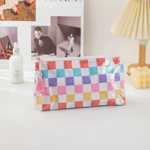 Colorful checkerboard PVC cosmetic bag with tassel portable travel makeup pouch organizer