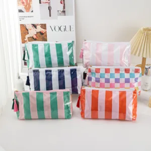 Colorful PVC striped cosmetic bags portable travel makeup pouches with zipper tassels set