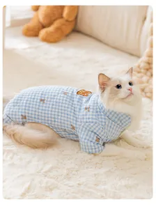 Cute winter warm cat clothes blue checkered thick cotton pet apparel for small dogs and cats.