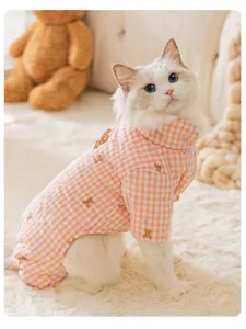 Warm thick plaid pet jumpsuit with cute bear print, comfortable winter clothes for cats and dogs.