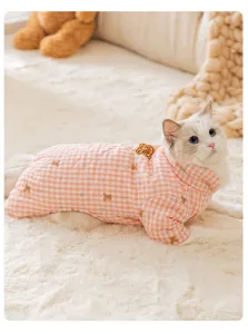 Cute winter warm pet four-leg cotton clothes with cute plaid and bear print for cats and dogs.
