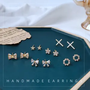 Luxus 14K Gold Vergoldet Zirkonia Mini Ohrstecker Für Damen Silber Stift Schleife Kreuz Stern Rund Blumen Ohrringe Schmuck