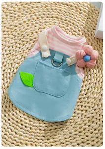 Cute floral denim dog dress detail, sweet pink striped pet clothes with leash ring.