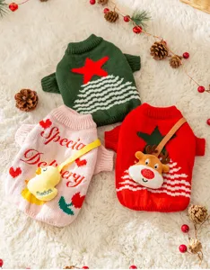 Detailed view of cozy knit pet sweaters with cute Christmas tree, reindeer and duck bag designs.
