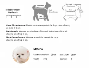 Pet clothing size chart measurement guide with chest back length for dogs and cats S size