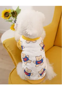 Detailed shot of pet fleece warm vest with cute bear print, cozy autumn winter pet clothing