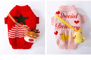 Cute autumn winter pet dog cat sweater with plush toy bag, warm knitted pet clothes.