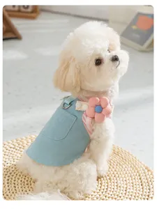 Summer puppy denim dress cute princess dog clothes pet striped vest with flower detail