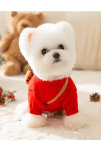 Festive red knitted dog sweater for autumn and winter, cozy pet apparel for holidays.