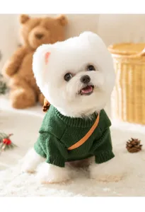 Cute green pet knitted sweater for dogs in autumn and winter seasons, warm and stylish pet apparel.
