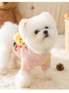 Cute pet dog pink knit sweater detail shot, cozy winter pet clothing with plush toy decor.