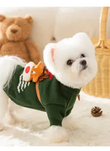 Cute dog Christmas knitted sweater with plush elk design, warm winter pet apparel.