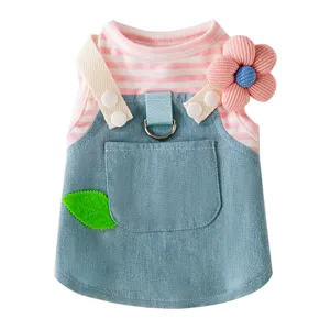 Cute spring summer dog dress striped denim pet clothes princess puppy skirt with floral decor