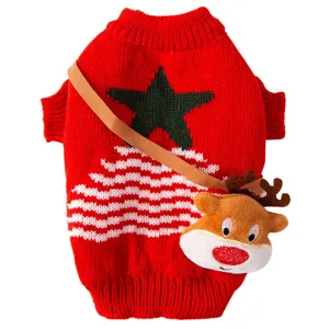 Festive red dog Christmas sweater with knitted green star and cute plush reindeer design for pets.