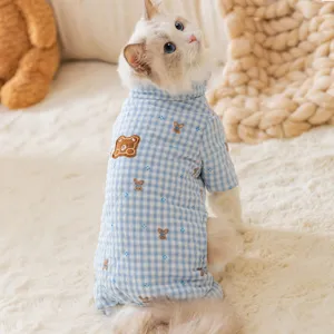 Pet Winter Warm Four-Legged Cotton Clothes Cute Plaid Bear Pattern Fleece Lined Dog And Cat Apparel Hooded Coat