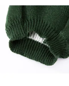 Close-up detail of green knitted pet sweater cuff and hem showing texture and lining.