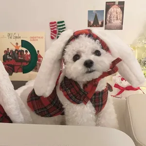 Süße Weihnachtshunde Kleidung Plüsch Hasenohren rotes Karo Haustier Kleid Herbst Winter Katze