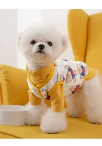 Cozy pet fleece vest with cute bear print, warm winter dog clothes, soft stretchy fabric.