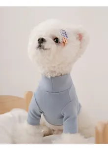 Cute pet autumn winter thermal base shirt for dogs and cats, light blue elastic high neck warm clothes.