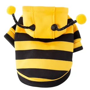 Simpatico costume da ape per animali con strisce gialle e nere e cappuccio per gatti cani