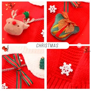 Dettaglio del maglione lavorato a maglia di Natale con simpatica renna e tessuto rosso.