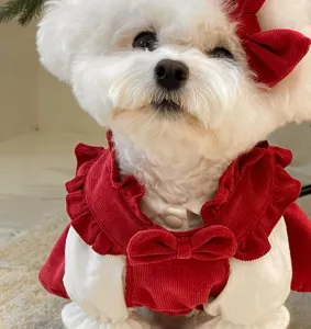 Christmas dog princess dress cute red corduroy pet clothes winter warm puppy apparel