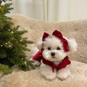 Cute Christmas dog dress winter warm pet apparel for small puppies and cats cute red bow