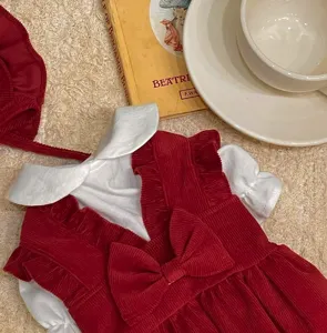 Red corduroy pet dress detail showing white collar and bow, cozy winter pet apparel flat lay scene.